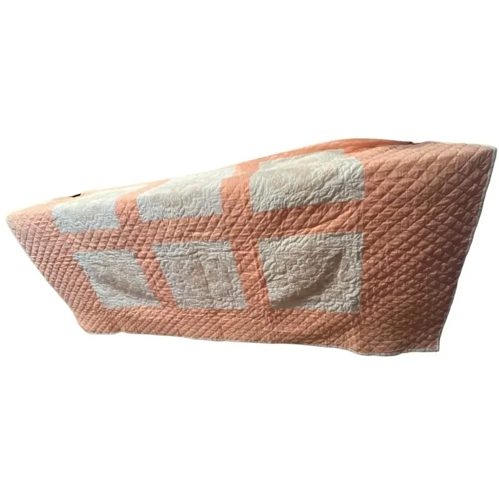 Vtg Handmade Stitched Quilt Twin 101 x 88 Peach Incomplete Project Cottage Retro